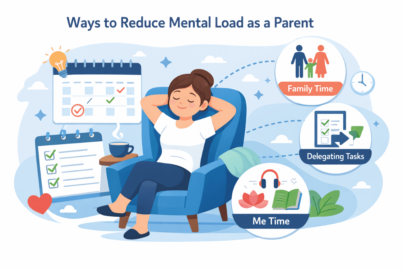 Parent organising family calendar on phone while kids play nearby